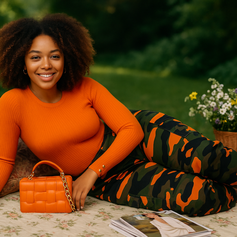 AI Model : A 22-year-old with natural curls and caramel ombre hair lounges sideways on a botanical garden picnic blanket, gazing straight ahead. Surrounding her are mismatched vintage pillows, stacks of glossy fashion mags, and a woven basket overflowing with wildflowers for a dreamy garden party vibe.