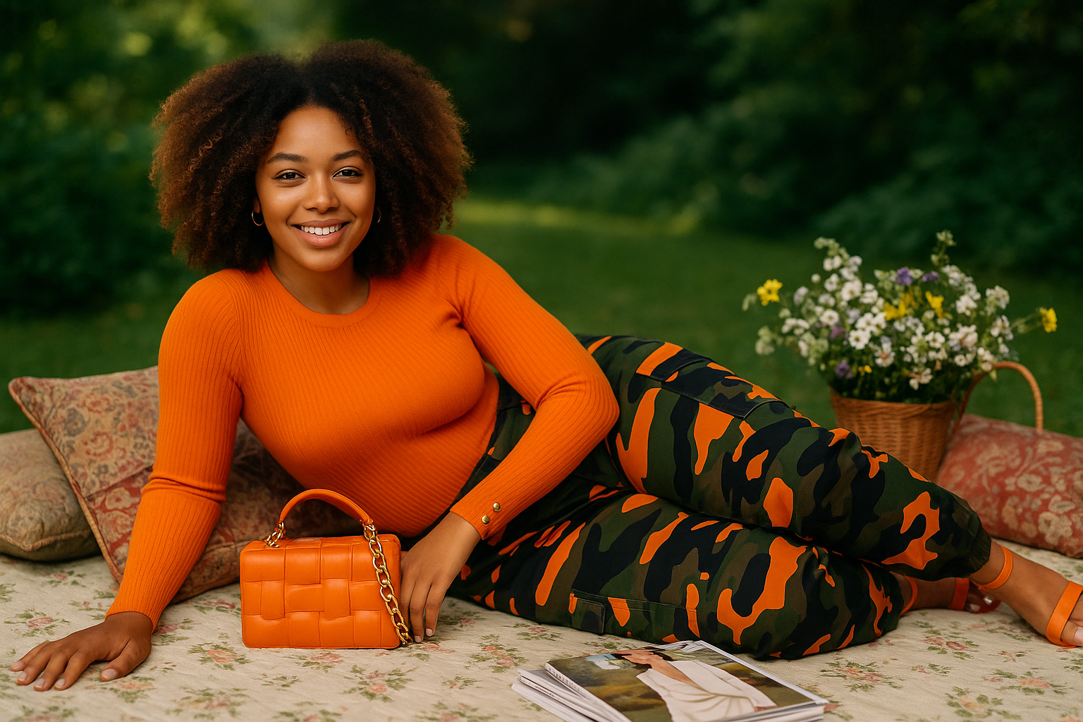 Camouflage the Basics: Stand Out with Vivid Camo Cargo Pants! 🧡🖤