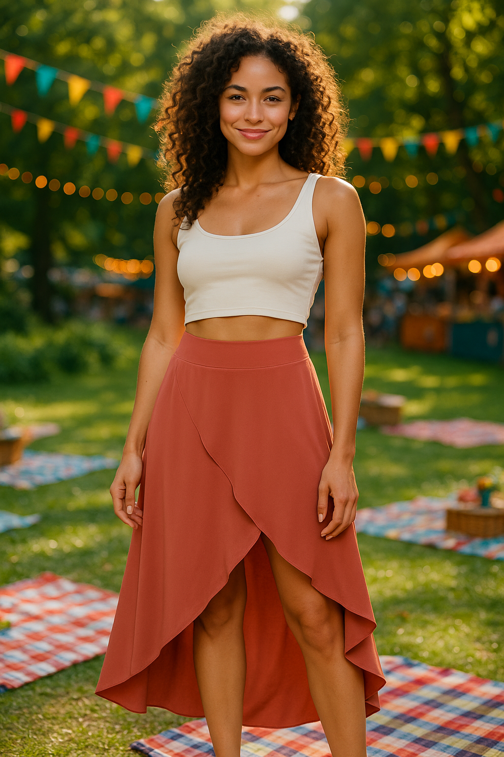 Woman in terracotta flowy maxi skirt with wrap design at golden hour picnic