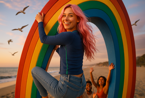 AI Model : A 22-year-old white woman with long, wavy pastel pink hair playfully climbs a giant rainbow art installation on the beach at sunset. She looks back over her left shoulder as friends cheer below, sand beneath her feet, and seagulls fly overhead, creating an adventurous, festival-inspired vibe.