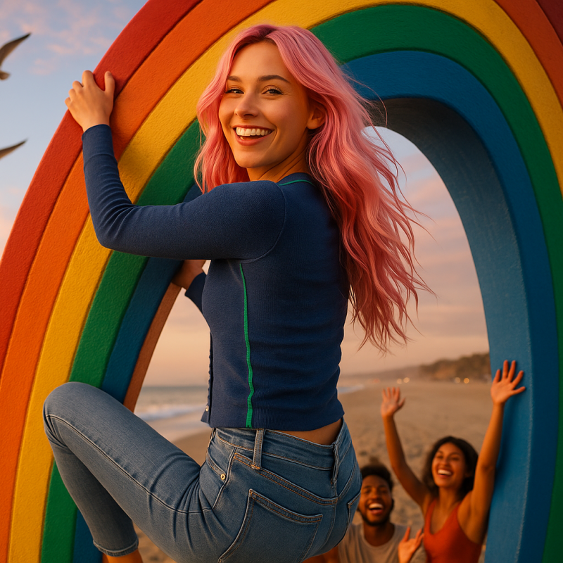 AI Model : A 22-year-old white woman with long, wavy pastel pink hair playfully climbs a giant rainbow art installation on the beach at sunset. She looks back over her left shoulder as friends cheer below, sand beneath her feet, and seagulls fly overhead, creating an adventurous, festival-inspired vibe.