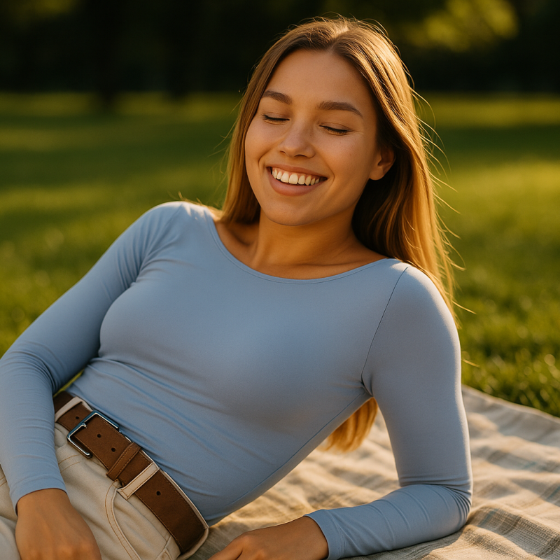 AI Model : She reclines on a picnic blanket in a grassy park, sunlight catching her straight hair, wearing the seamless sky blue top.