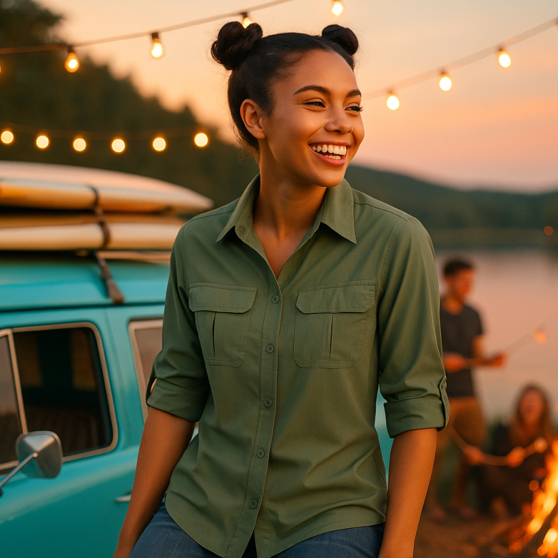 AI Model : A 22-year-old with slick black space buns and glowing skin, looks right, perched atop a vintage teal camper van. Bright string lights zigzag above, surfboards stacked behind her, while friends roast marshmallows by a lakeside bonfire, and bursts of wild laughter mix with the golden hour light.