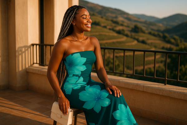 AI Model : A 22-year-old Black woman with long, silver box braids faces left, seated on a sun-drenched hotel balcony, overlooking terraced vineyards and rolling Mediterranean hills.