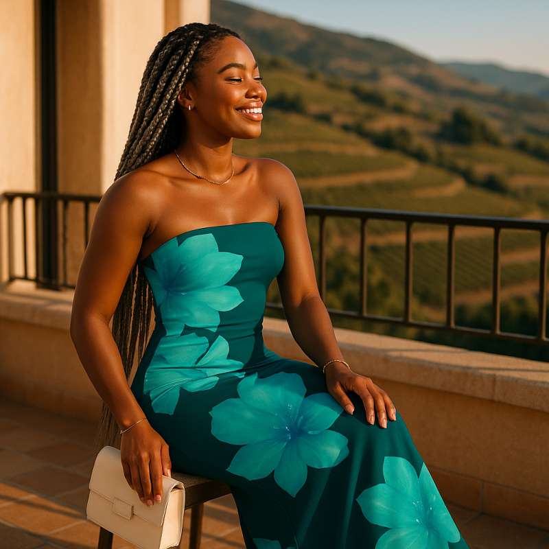 AI Model : A 22-year-old Black woman with long, silver box braids faces left, seated on a sun-drenched hotel balcony, overlooking terraced vineyards and rolling Mediterranean hills.