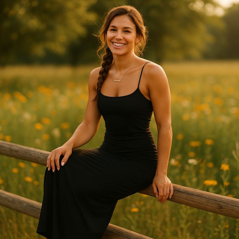 AI Model : She’s perched on a sunlit wooden fence at the edge of a wildflower field, hair in a loose braid, floral ruffle dress flowing.
