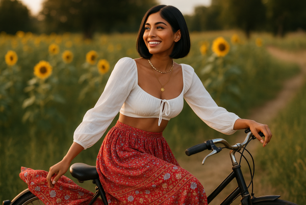AI Model : A South Asian woman with a sleek, jet-black bob sits on a vintage bicycle near a sunflower field, her floral boho maxi skirt fluttering gently in the breeze.