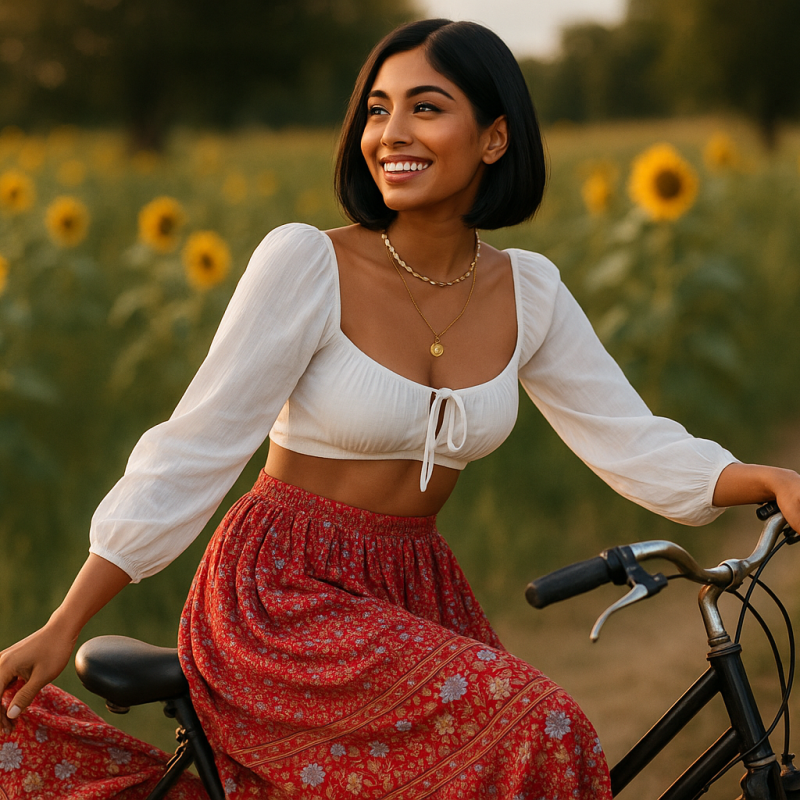 AI Model : A South Asian woman with a sleek, jet-black bob sits on a vintage bicycle near a sunflower field, her floral boho maxi skirt fluttering gently in the breeze.