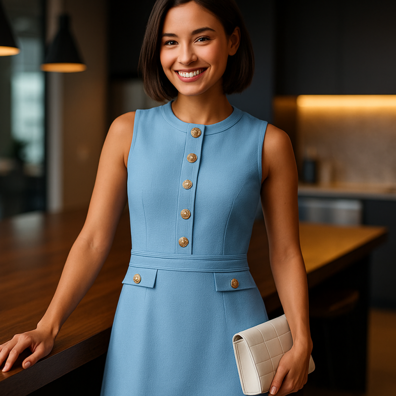 AI Model : She’s leaning against a polished communal table in a modern office kitchen, bob-length hair tucked behind her ears, wearing the sleeveless button mini dress.
