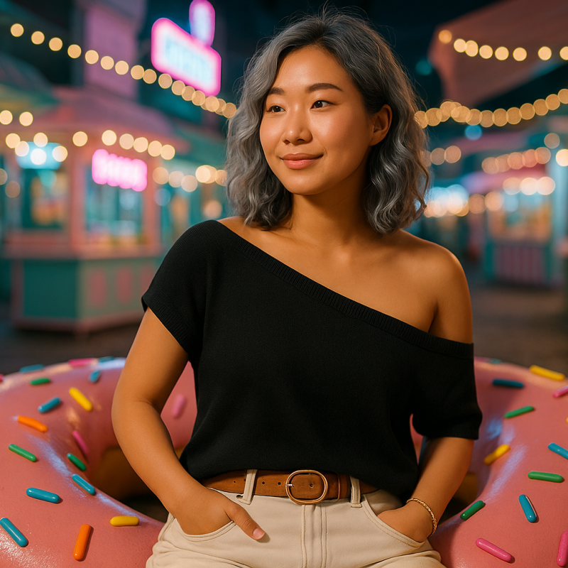 AI Model : A 22-year-old East Asian woman with shoulder-length silver curls looks softly to the right, sitting on a giant sprinkled donut bench at a pastel street food market lined with neon signs and fairy lights.