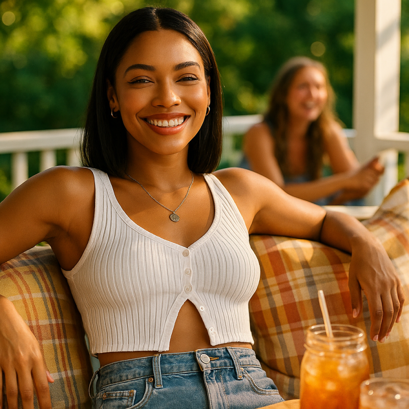 AI Model : Golden brown skin, sleek black shoulder-length hair, COZYEASE ribbed crop tank, lounging on sun-warmed porch swing, plaid pillows, iced drinks, and friends sharing stories on vibrant summer afternoon.