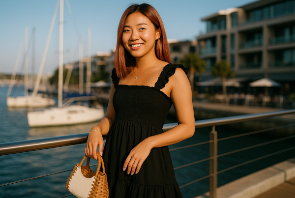 AI Model : A 22-year-old East Asian woman with straight, rose-gold shoulder-length hair, faces left while perched on a modern balcony, overlooking a sparkling marina filled with luxury sailboats and chic waterfront cafés.