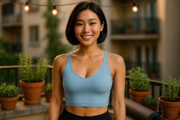 AI Model : An East Asian woman with a sleek short bob poses on a home balcony surrounded by potted herbs, string lights above, yoga mat rolled up nearby.