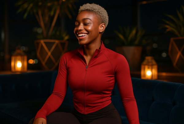 AI Model : A 22-year-old Black woman with a short silver-blonde afro faces right, seated on a velvet couch at a trendy rooftop speakeasy, surrounded by glowing lanterns and geometric planters.