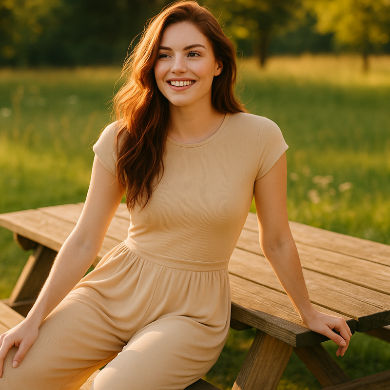 AI Model : A fair-skinned woman with long, wavy auburn hair sits on a wooden picnic bench in a sunlit park, green grass and wildflowers stretching into the background. She wears a PRETTYGARDEN ribbed cap sleeve wide leg jumpsuit, soaking up the afternoon light amid casual chic, with no visible patterns or background people.