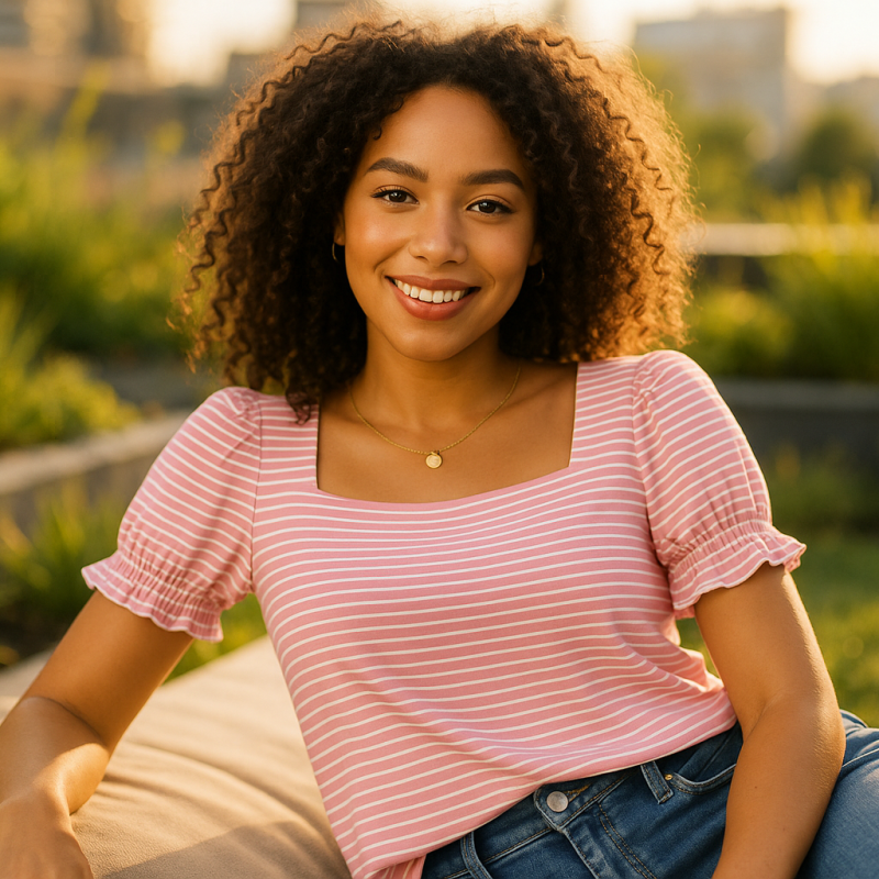 AI Model : She lounges comfortably on a sunlit rooftop garden, natural curls framing a soft smile, wearing the WIHOLL ruffle sleeve top with classic mid-rise jeans.