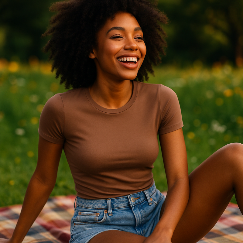 AI Model : A young Black woman with natural curls sits laughing on a cozy picnic blanket in a lush, flower-filled park, wearing her mocha-brown slim-fit tee and denim shorts.
