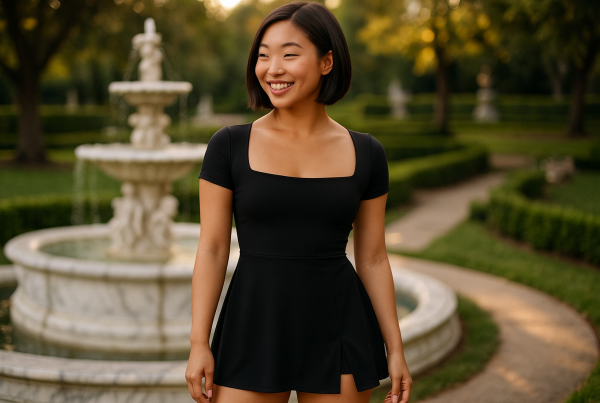 AI Model : A 22-year-old Korean-American woman with a sleek chestnut bob, smiling near marble fountains in a lush, manicured botanical garden.