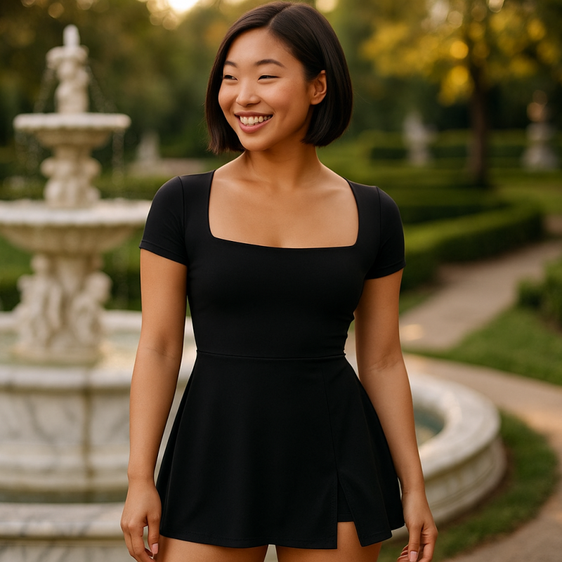 AI Model : A 22-year-old Korean-American woman with a sleek chestnut bob, smiling near marble fountains in a lush, manicured botanical garden.