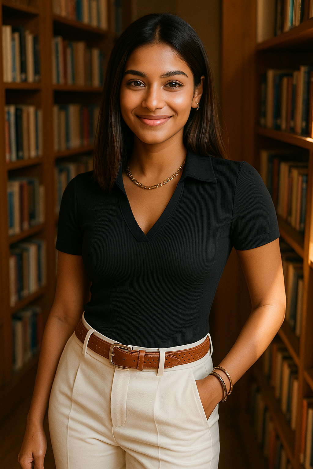 Model wearing black ribbed V-neck polo top with white trousers