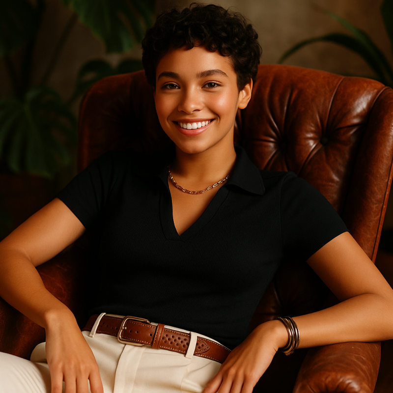 AI Model : A light-skinned woman with short, dark curly hair reclines in a vintage armchair, wearing a black fitted V-neck collared shirt and white trousers, surrounded by leafy houseplants.