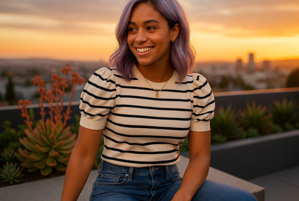 AI Model : A 22-year-old biracial woman with shoulder-length pastel lilac hair relaxes on a sleek rooftop garden, surrounded by blooming succulents and panoramic city sunset views.