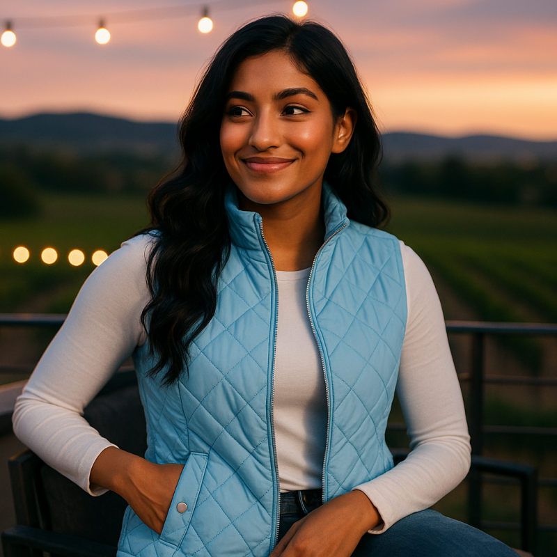 AI Model : A 22-year-old South Asian woman with long, jet-black waves relaxes on a rooftop terrace overlooking a vineyard, string lights twinkling at dusk.
