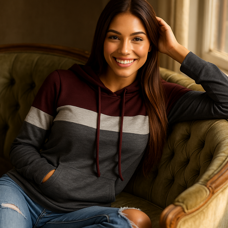 AI Model : A tan-skinned woman with long, straight auburn hair reclines on a vintage velvet sofa beside a sunlit window, sporting a loose gray pullover and ripped jeans.