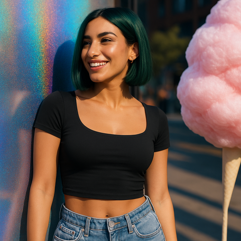 AI Model : A 22-year-old Middle Eastern woman with a sharp emerald green bob looks to the left, leaning against a holographic wall near a giant cotton candy sculpture at an outdoor pop-up art fair.