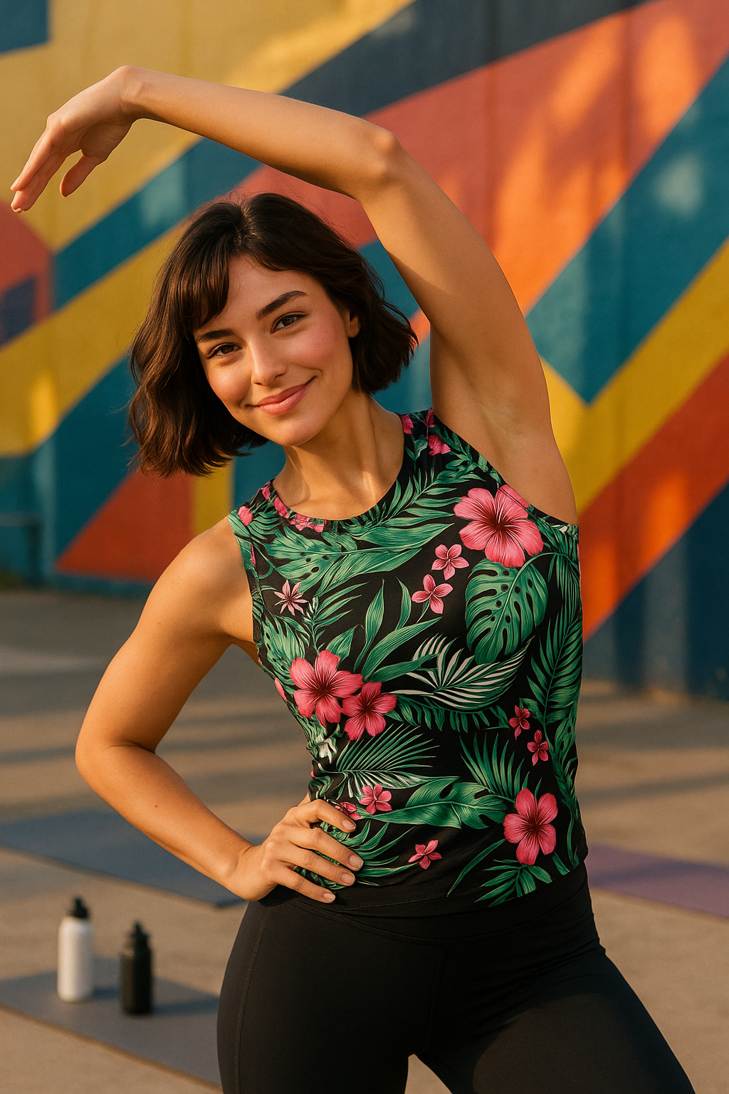 Women's workout athletic tank top with tropical floral print, urban mural background