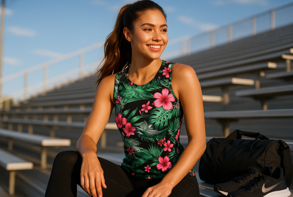 AI Model : High ponytail, wearing LURANEE athletic tank, perched on stadium bleachers under sunny sky, sports duffel and running shoes on seat beside her.