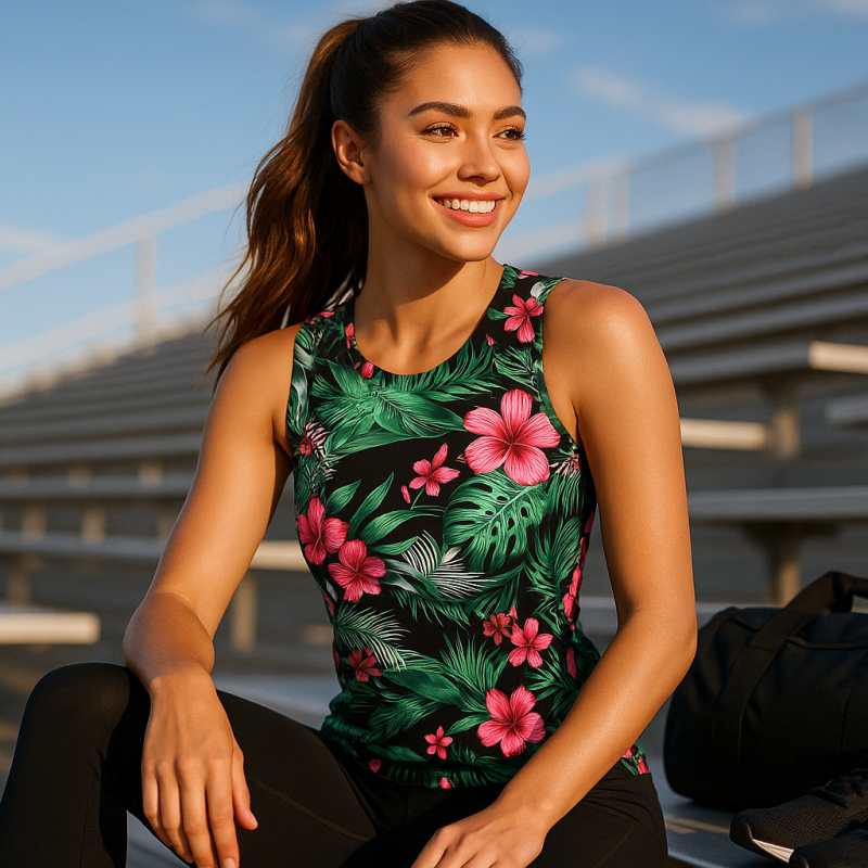 AI Model : High ponytail, wearing LURANEE athletic tank, perched on stadium bleachers under sunny sky, sports duffel and running shoes on seat beside her.