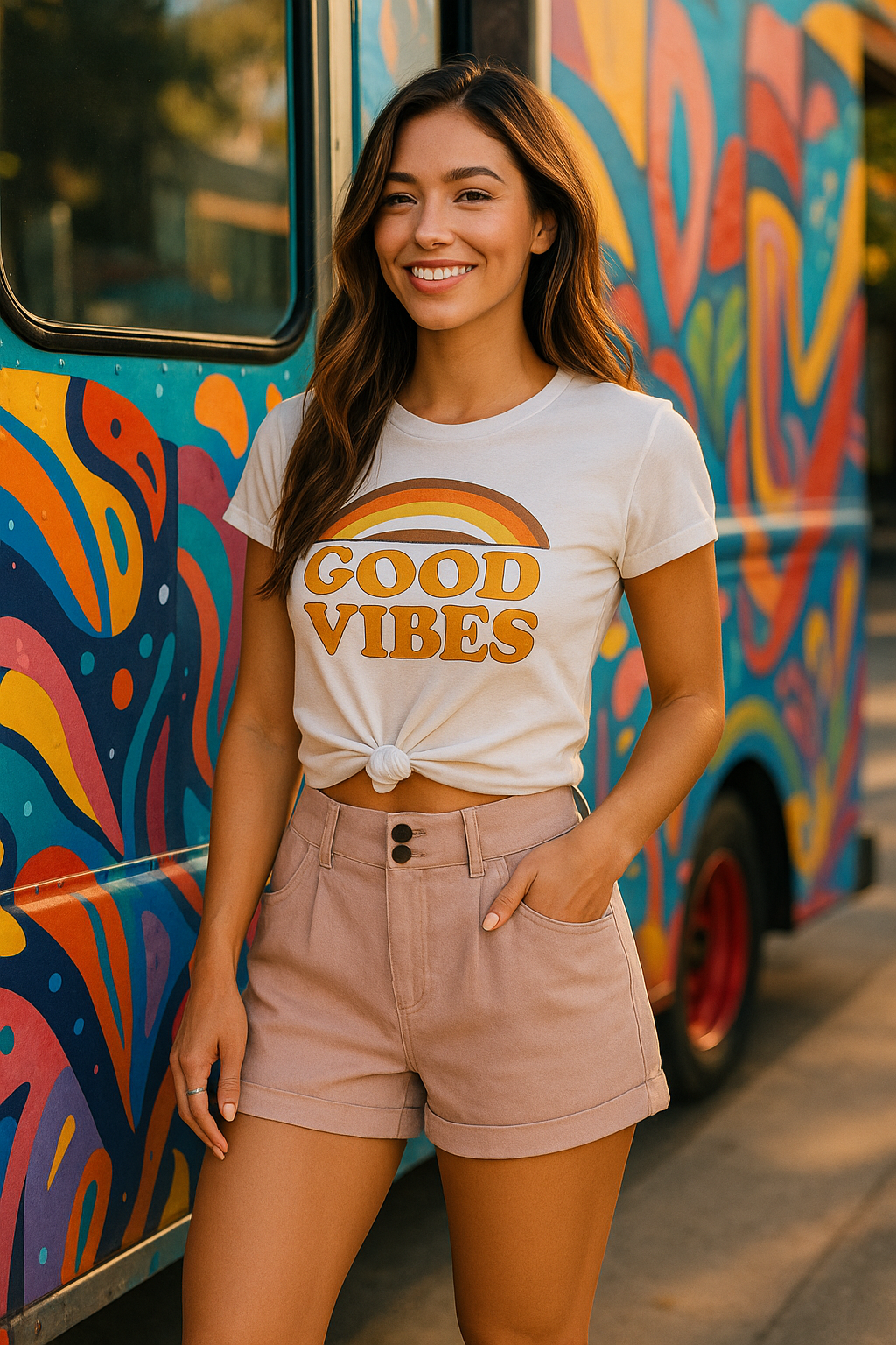 High-waisted blush pink denim shorts styled for summer