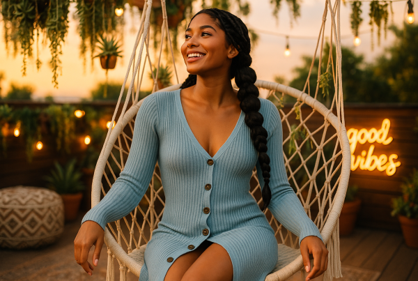 AI Model : A 22-year-old with long, glossy jet-black hair styled in bubble braids lounges in a macrame swing chair on a rooftop garden, looking up to her left. The space bursts with hanging succulents, fairy lights, patterned poufs, and a neon “good vibes” sign glowing as the sun sets.