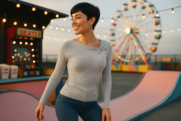 AI Model : A 22-year-old Middle Eastern woman with a sleek jet-black pixie cut balances on a pastel skateboard ramp at a rooftop carnival. She faces right, sunlight catching her oversized gold hoops, as carnival lights flicker and a Ferris wheel spins in the distance. Popcorn bags and vintage arcade games add playful energy.