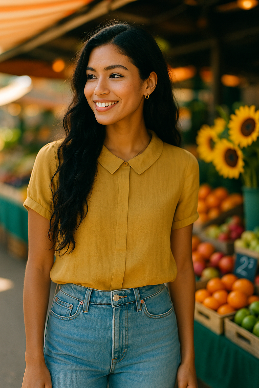Mustard yellow linen shirt styled at an outdoor market