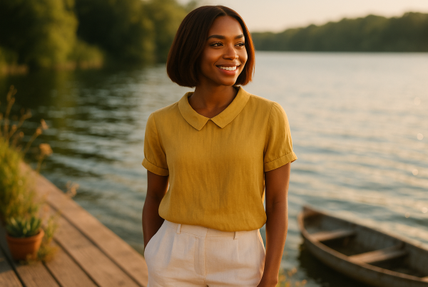 AI Model : A 22-year-old woman with deep brown skin and a chin-length straight auburn bob stands by a sunlit lakeside dock. She’s smiling softly, gazing across shimmering water, in the mustard yellow Peter Pan collar short-sleeve linen blouse, loosely paired with white tailored shorts. Wooden planks lead past potted succulents and wildflowers, while a gently rippling lake and weathered rowboat add a peaceful summery vibe. No one else appears in the serene, aspirational scene.