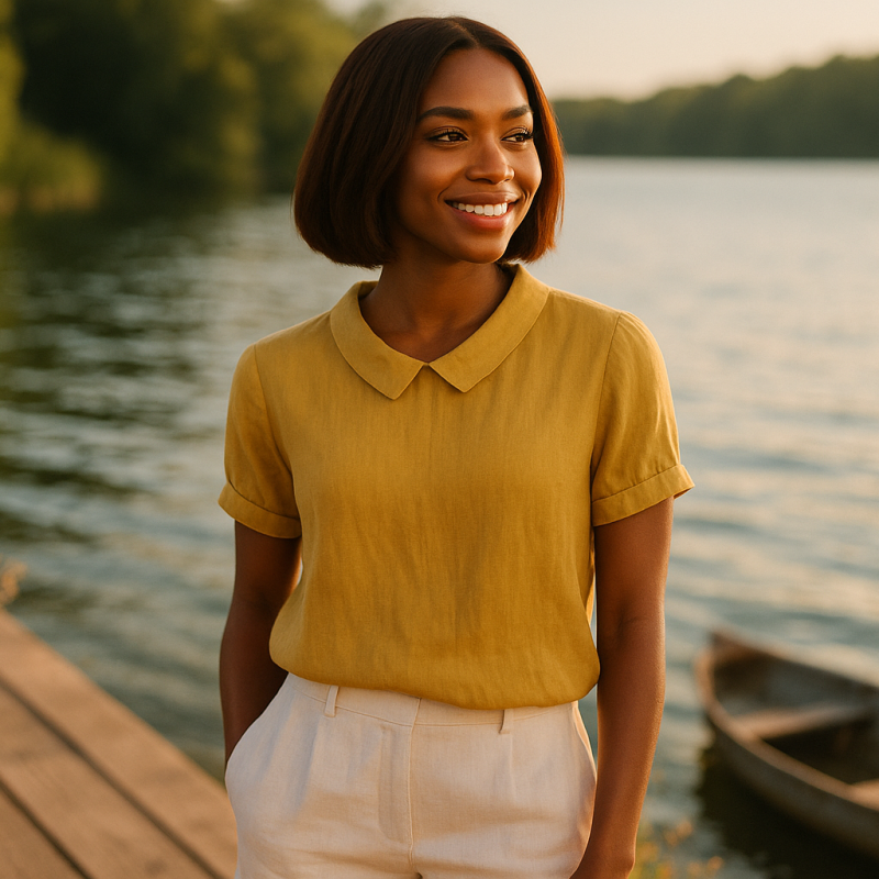 AI Model : A 22-year-old woman with deep brown skin and a chin-length straight auburn bob stands by a sunlit lakeside dock. She’s smiling softly, gazing across shimmering water, in the mustard yellow Peter Pan collar short-sleeve linen blouse, loosely paired with white tailored shorts. Wooden planks lead past potted succulents and wildflowers, while a gently rippling lake and weathered rowboat add a peaceful summery vibe. No one else appears in the serene, aspirational scene.