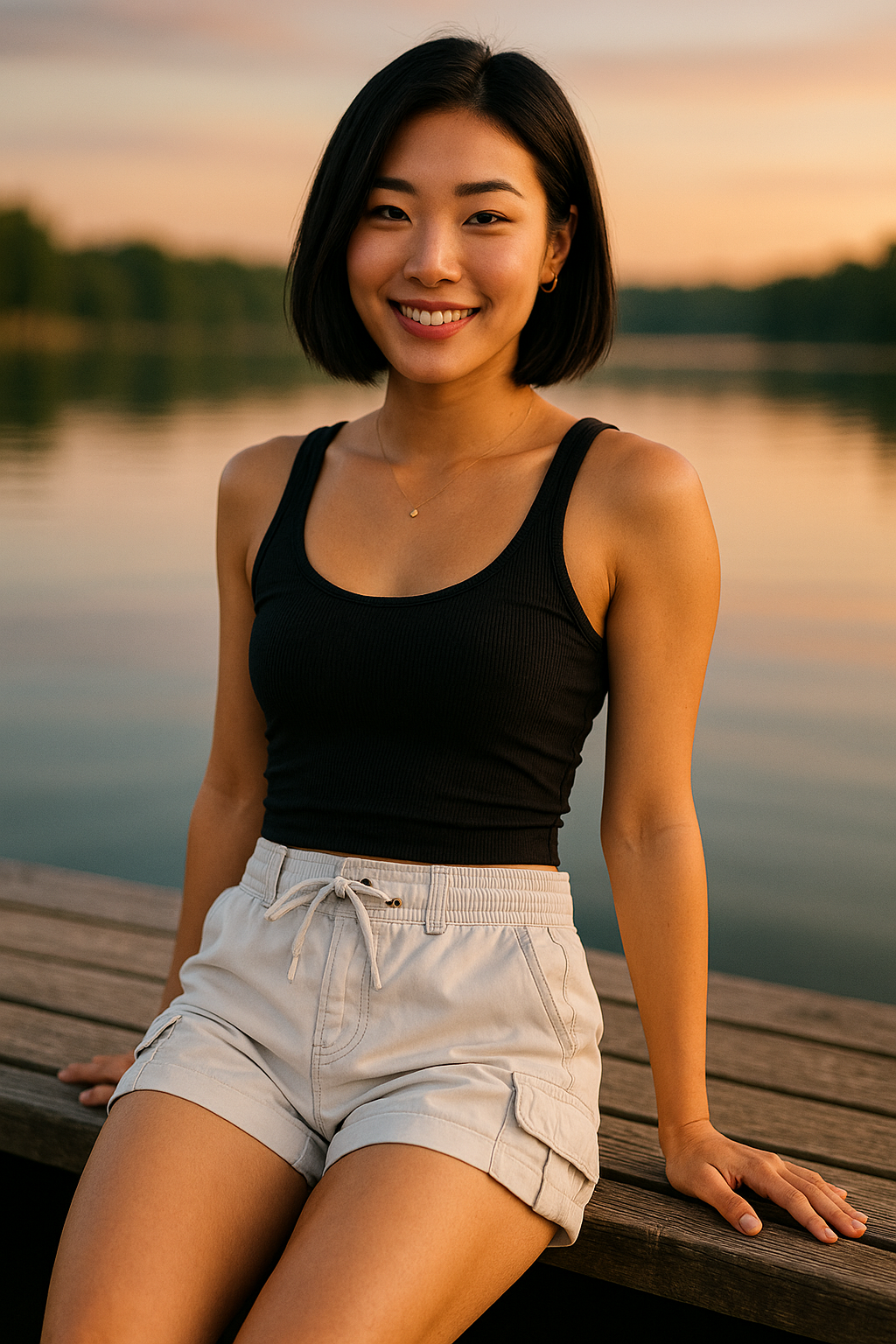 AI model wearing light gray cargo shorts by the lake