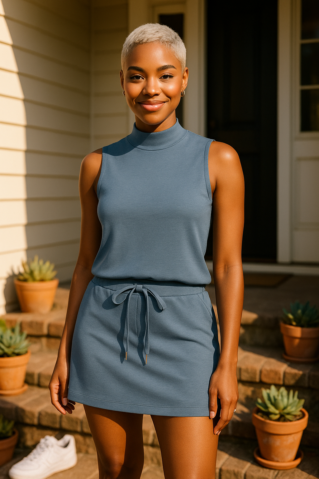 Model in blue two-piece tennis skort set on front porch