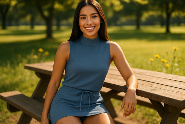 AI Model : A medium-skinned woman with straight, dark chestnut hair is seated at a wooden picnic table in a sunny park, wearing a dusty blue mock neck sleeveless top and matching skort. Wildflowers grow nearby.
