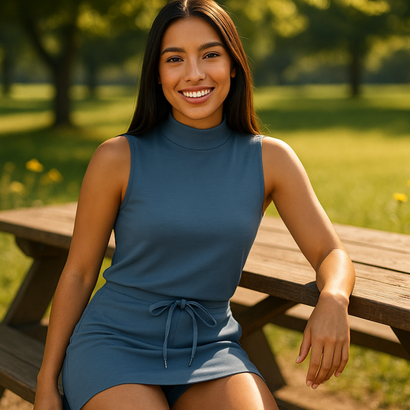 AI Model : A medium-skinned woman with straight, dark chestnut hair is seated at a wooden picnic table in a sunny park, wearing a dusty blue mock neck sleeveless top and matching skort. Wildflowers grow nearby.