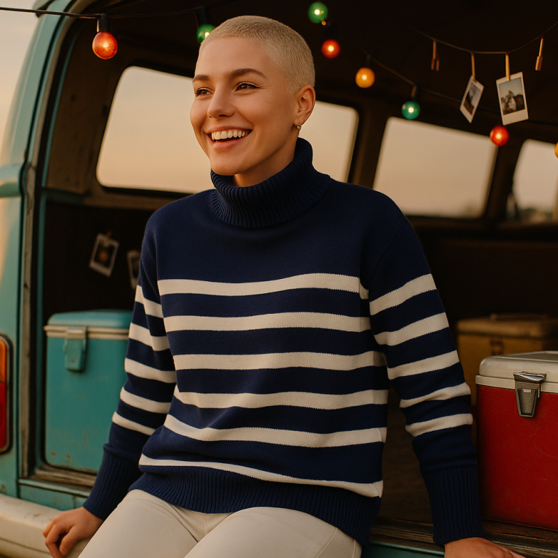 AI Model : A 22-year-old with platinum blonde buzzcut chills on the back of a retro teal camper van at a sunflower field, gazing to the right. Colorful string lights drape overhead, polaroids and vintage picnic coolers scatter around, creating the perfect late-summer road trip scene.
