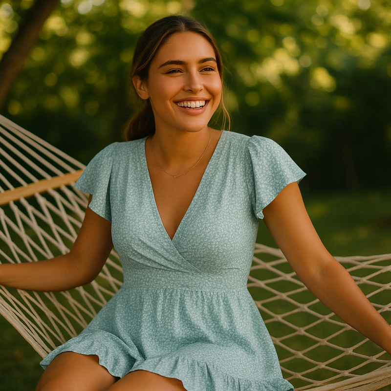 AI Model : She relaxes on a hammock strung between trees in a leafy backyard, hair in a low ponytail, wearing the floral wrap sun dress.