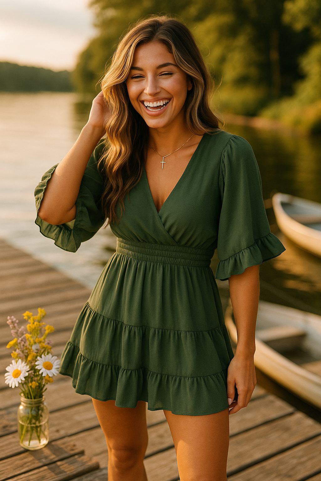Olive green ruffle mini dress styled outdoors on a dock with flowers and sunshine