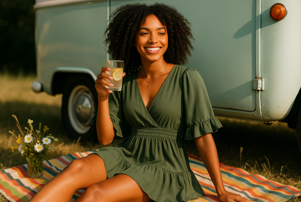 AI Model : A biracial woman with deep, curly shoulder-length hair sits beside a pastel vintage camper, sipping from a lemon water glass, wildflowers and colorful picnic blanket arranged nearby.