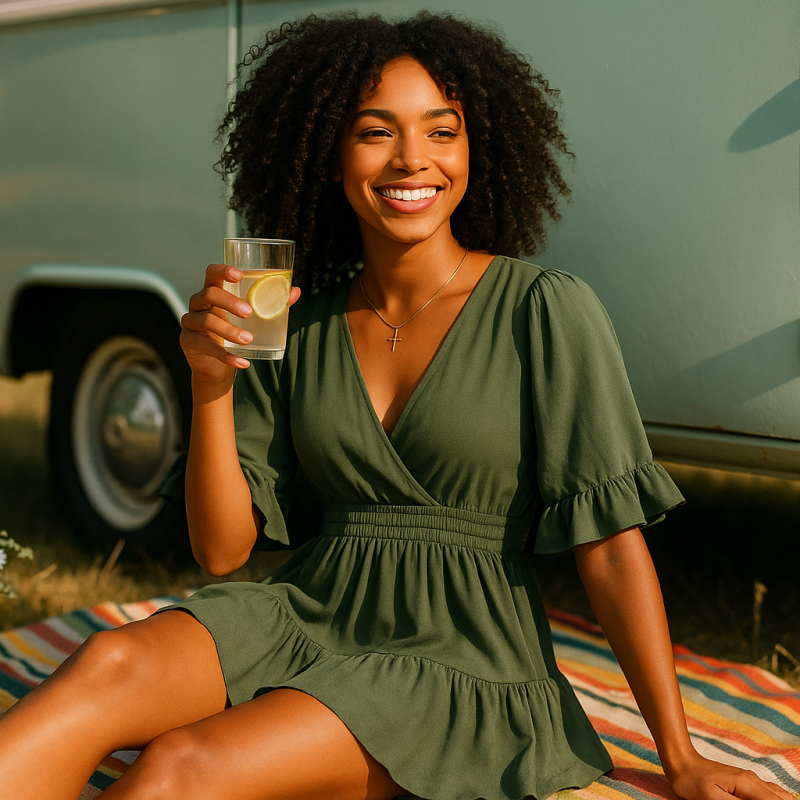 AI Model : A biracial woman with deep, curly shoulder-length hair sits beside a pastel vintage camper, sipping from a lemon water glass, wildflowers and colorful picnic blanket arranged nearby.