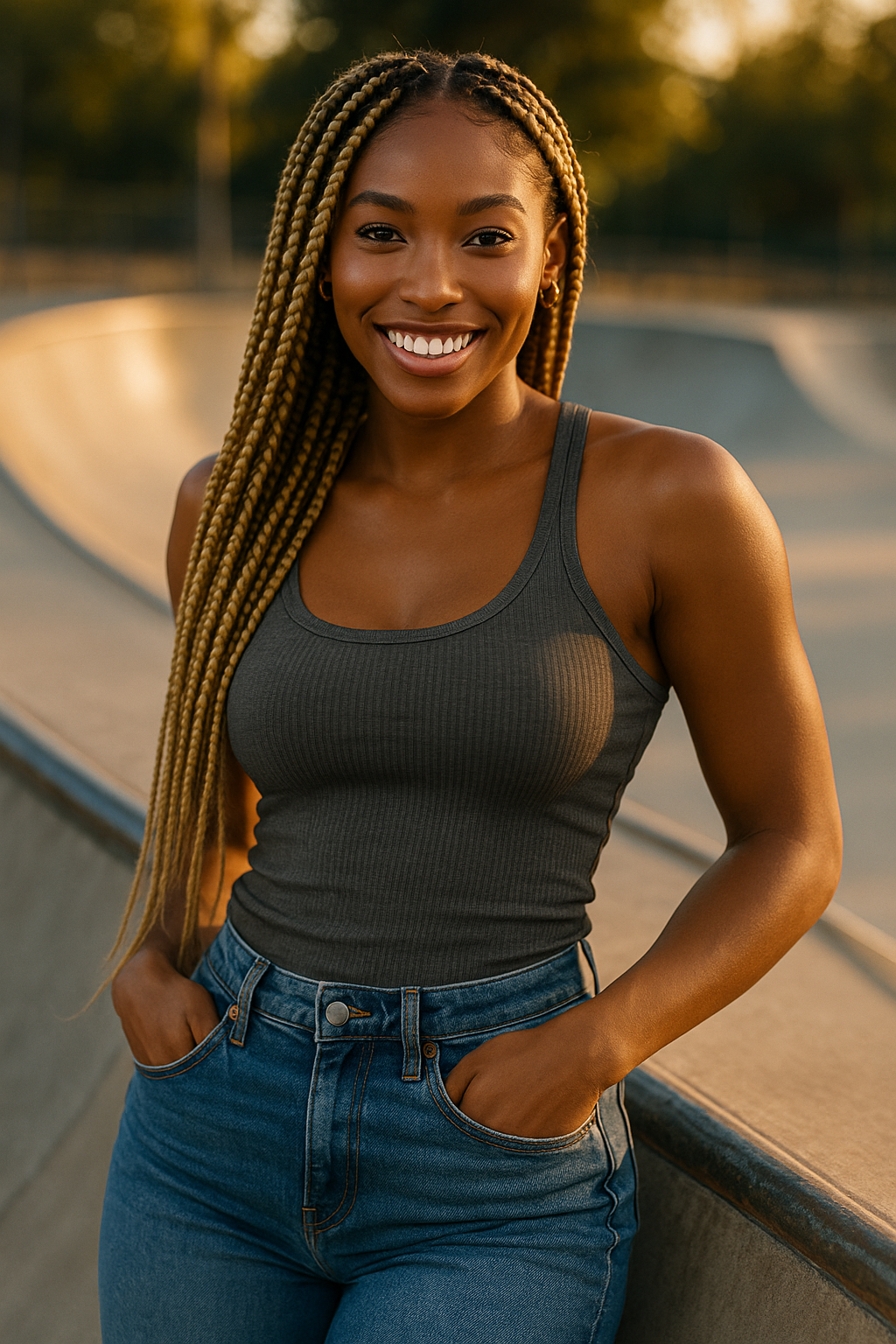 AI model styling ribbed scoop neck tank top at skatepark