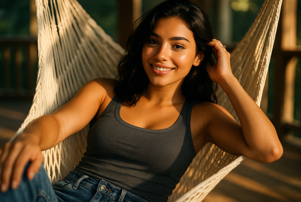 AI Model : A tan-skinned woman with jet-black, wavy shoulder-length hair lounges in a sun-dappled hammock on a covered porch, sporting a charcoal ribbed tank and blue jeans.