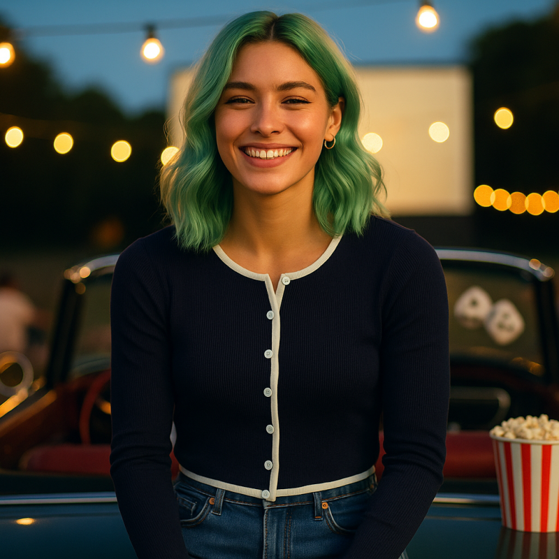 AI Model : A 22-year-old with shoulder-length, pastel mint-green hair in soft waves sits on a vintage convertible at a drive-in movie, facing straight ahead. Popcorn buckets, fuzzy dice, and string lights set a retro-cool mood as friends gather on blankets around the glowing big screen.